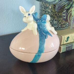 Vintage Ceramic Pink Bunny Trinket Box with Blue Bow